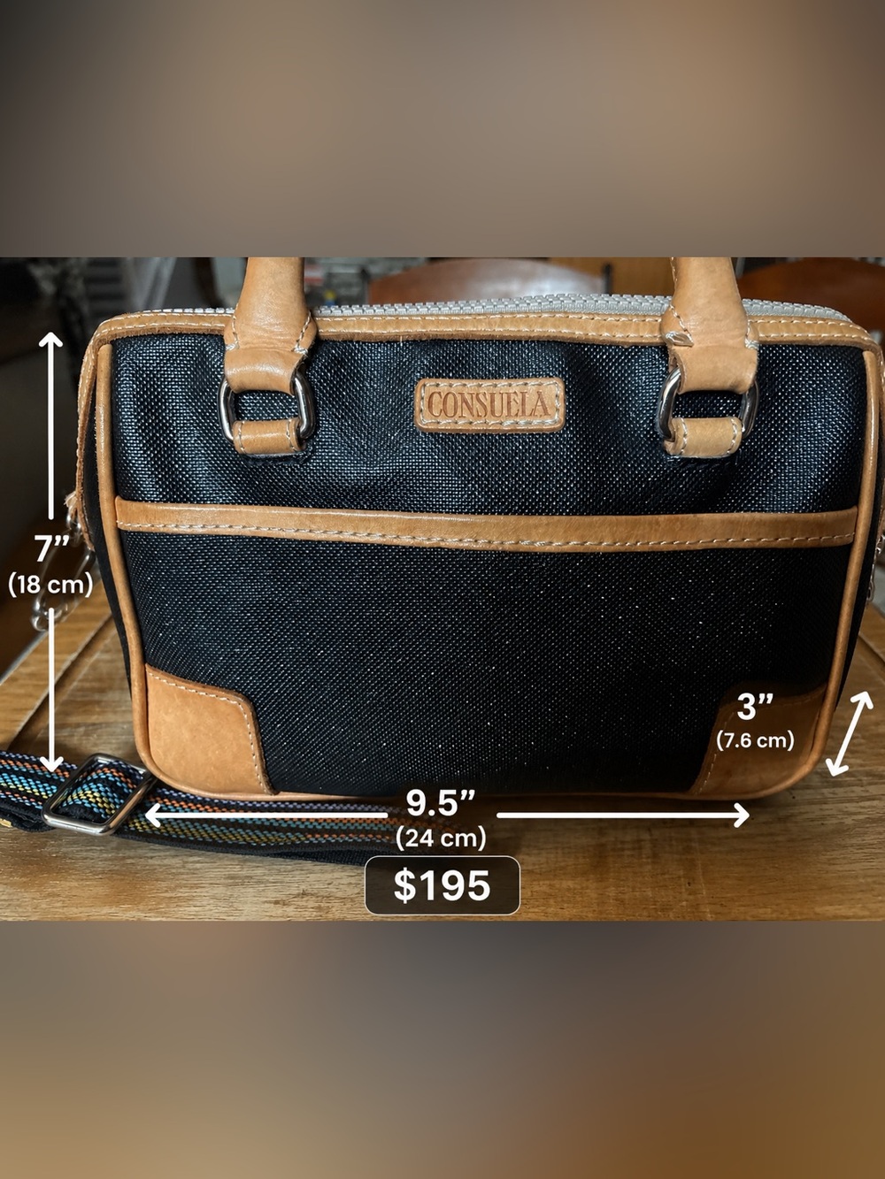 Consuela Black and Tan Crossbody Satchel with Striped Strap - Picture 4 of 6